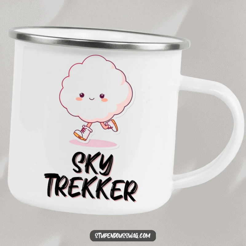 Funny Skipping Cloud Camping Mug: A fluffy cloud in tiny boots skips, ready for adventure.