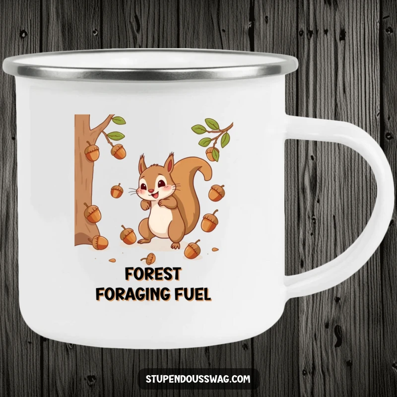 A funny camping mug with a frantic squirrel catching bouncing acorns, designed for outdoor enjoyment and a dose of nature's humor.
