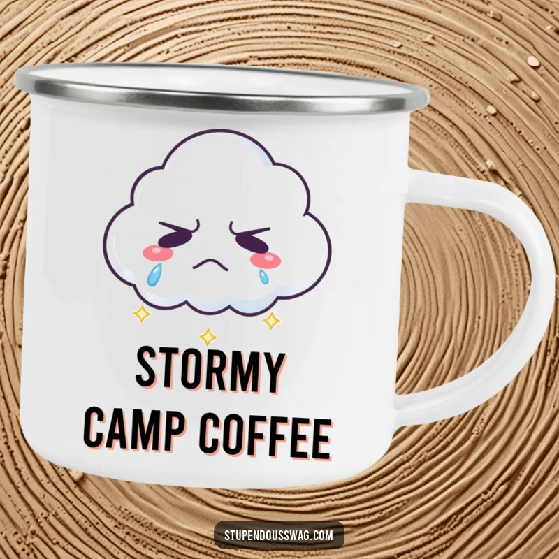 Funny grumpy cloud camping mug with sparkling rainbow tears, a durable and humorous drinkware for adventures.