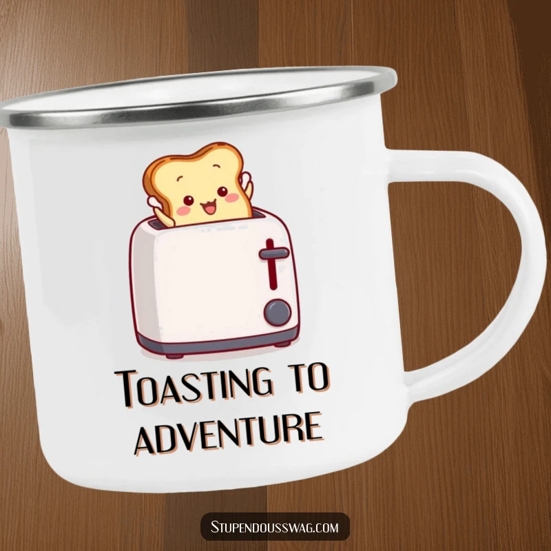 Funny Camping Mug: Toast dramatically leaping from a toaster, a humorous and energetic design for outdoor use.