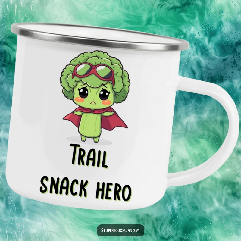 Funny bewildered broccoli camping mug with a miniature superhero cape on a comically confused floret for outdoor fun.