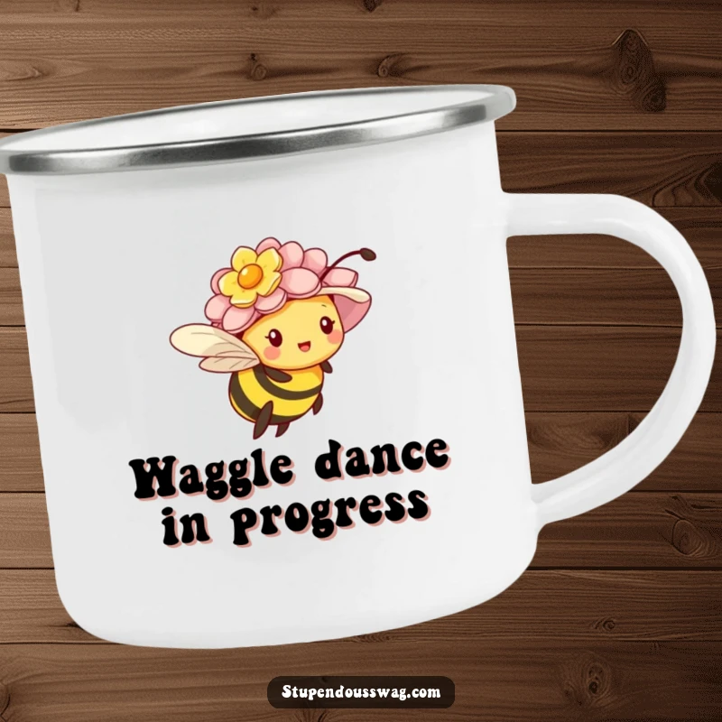 Funny camping mug showing a tiny bee struggling with an oversized flower hat, ideal for outdoor humor.