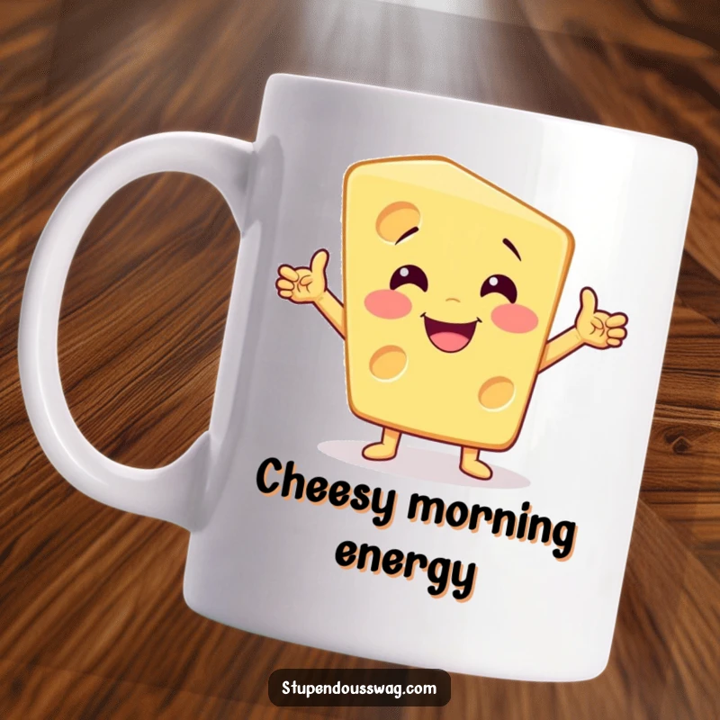 Funny smiling cheese slice mug striking a dramatic, theatrical pose with confidence and cheesy charm.