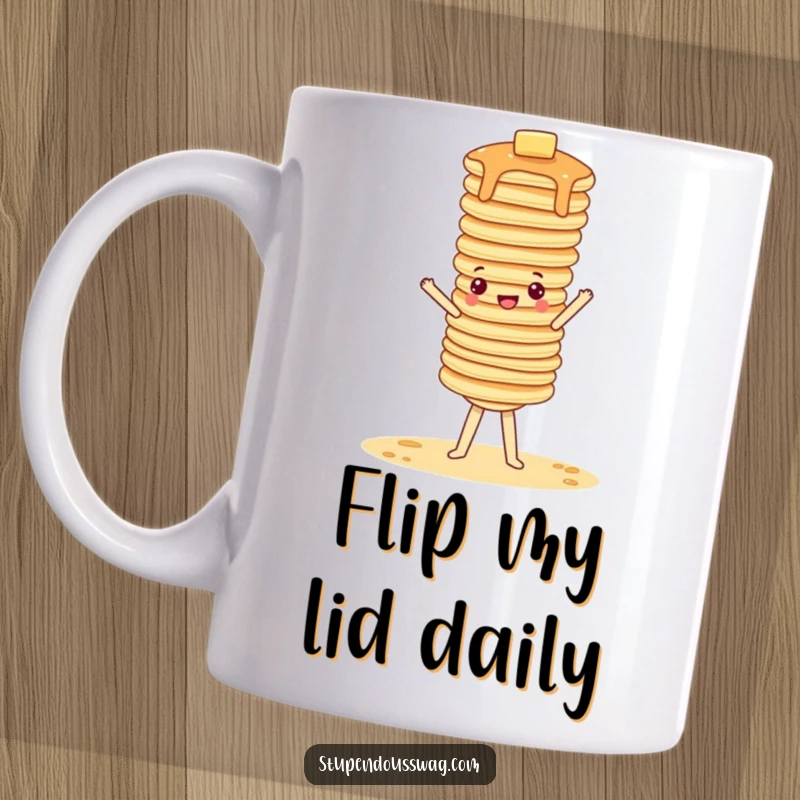 Funny mug showing a precarious tower of pancakes attempting a wobbly handstand, celebrating breakfast humor.