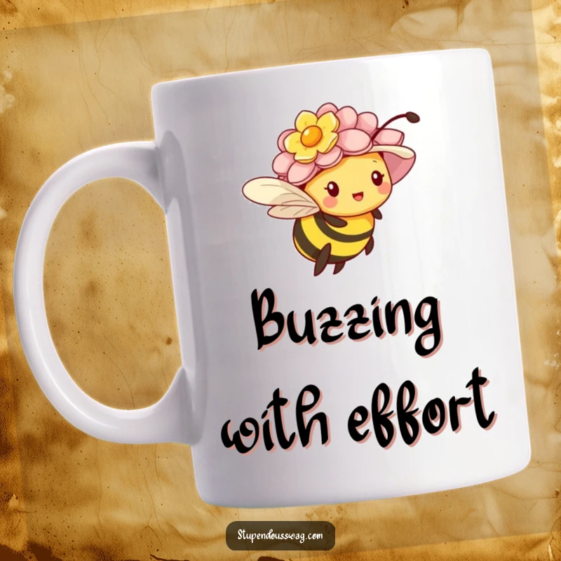 Funny mug showing a tiny bee comically attempting to fly while wearing a ridiculously oversized flower hat.