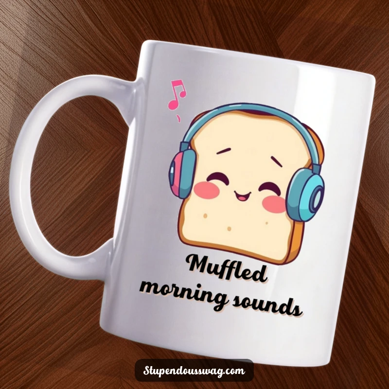 Funny mug showing a slice of bread wearing large earmuffs, comically struggling to hear music.