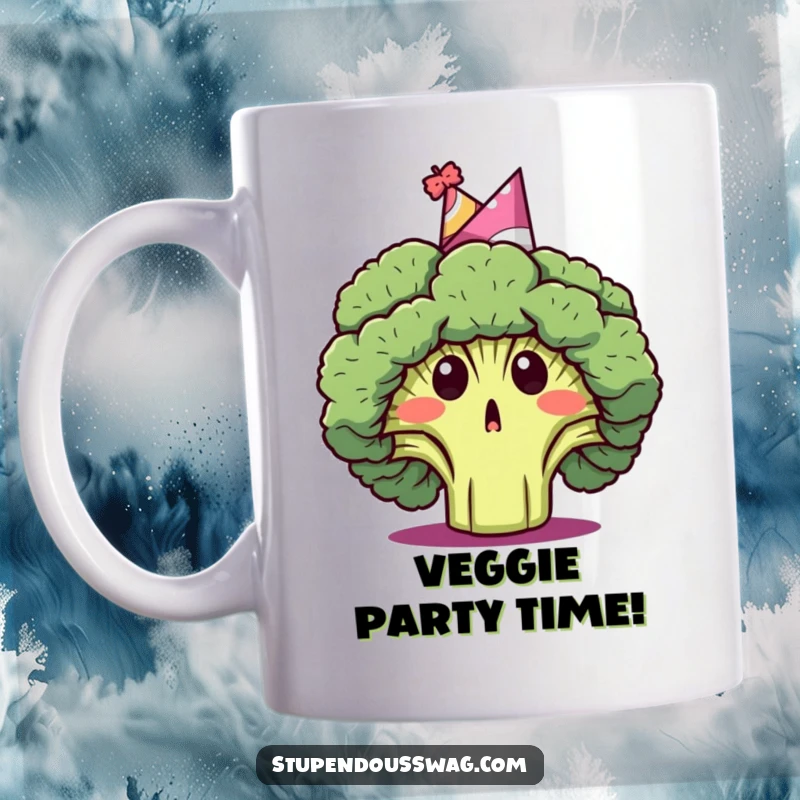 Funny mug featuring a surprised broccoli head wearing a colorful party hat, celebrating a healthy, humorous moment.