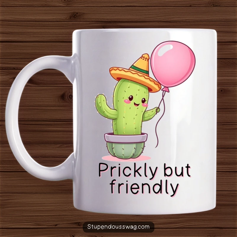 Funny mug showing a cactus wearing a tiny sombrero, attempting a gentle hug on a floating balloon, conveying sweet, clumsy humor.