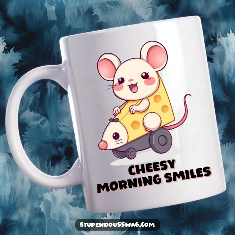 A happy, smiling piece of cheese joyfully riding a squeaky toy mouse on this hilarious mug.