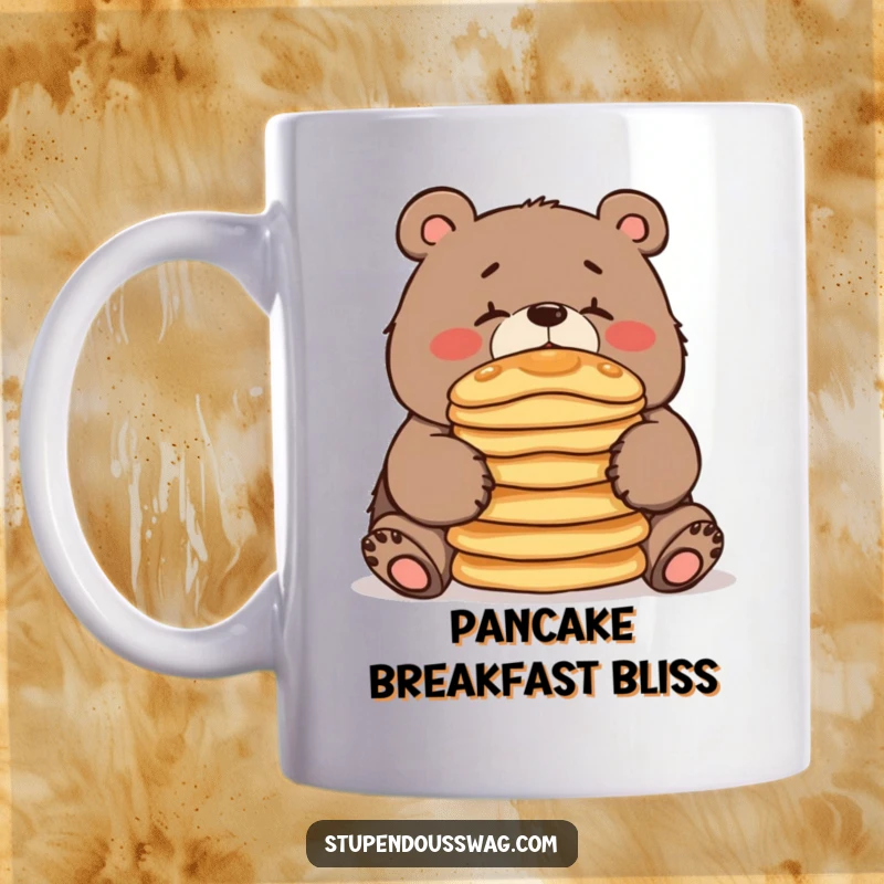 Funny clumsy bear attempting to balance pancakes on its nose, depicted on a whimsical coffee mug, ready for a playful start.
