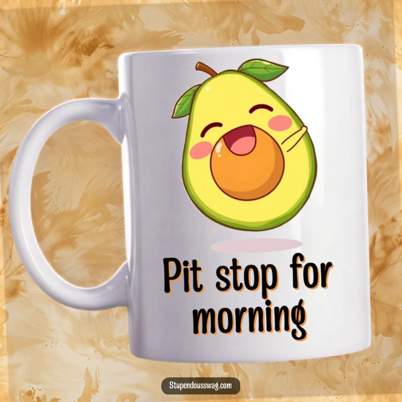 Funny avocado mug featuring a laughing avocado pit escaping its fruit and doing a tiny somersault. Humorous healthy food illustration and a great gift.