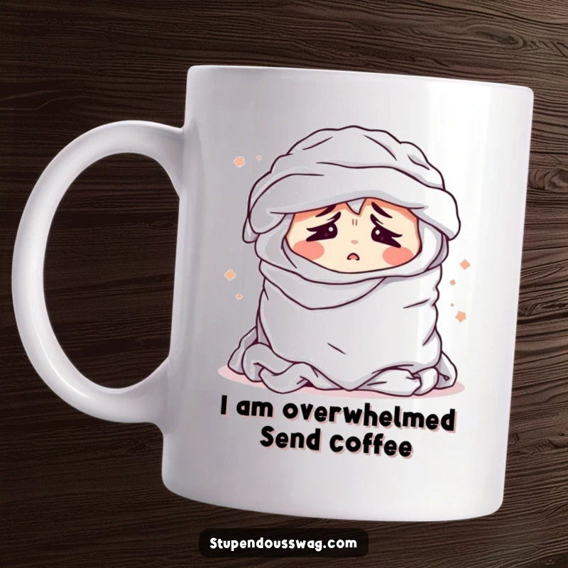 Funny mug featuring a bewildered, oversized pile of laundry dramatically sighing, embodying the relatable struggle of chores.