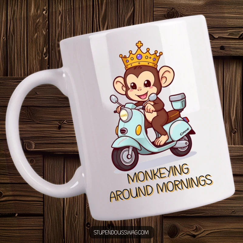 Funny Monkey King Mug featuring a mischievous monkey wearing a crown, riding a tiny, ornate scooter with a grin.