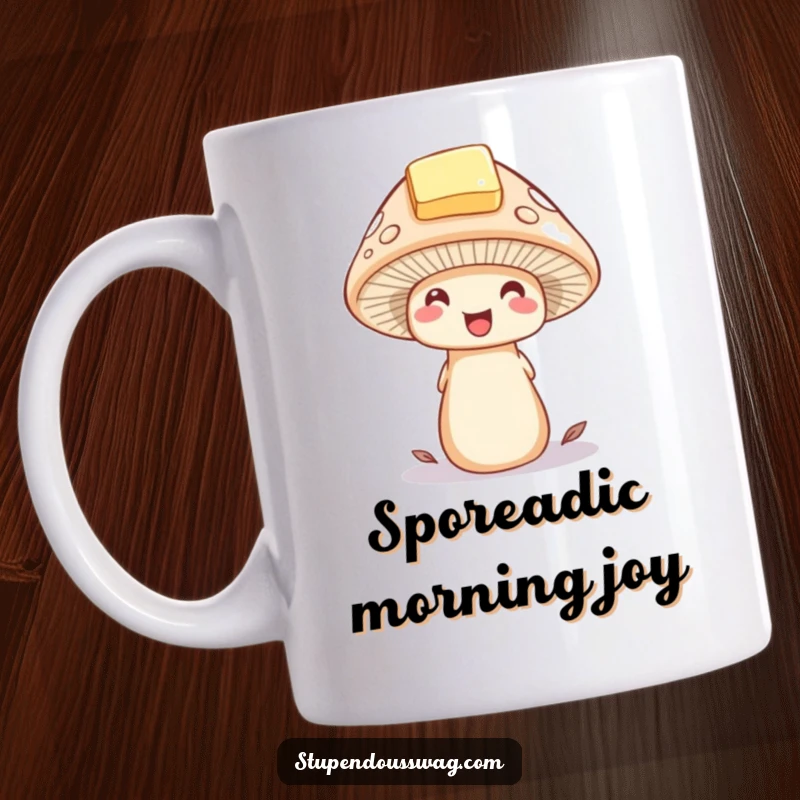 Funny mushroom mug with a delighted mushroom wearing a tiny hat made of a butter pat. Whimsical woodland creature illustration and a great gift.