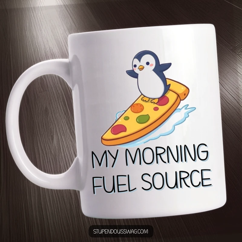 Funny mug depicting a small penguin bravely surfing on a huge slice of pizza, showcasing a hilarious and adventurous moment.