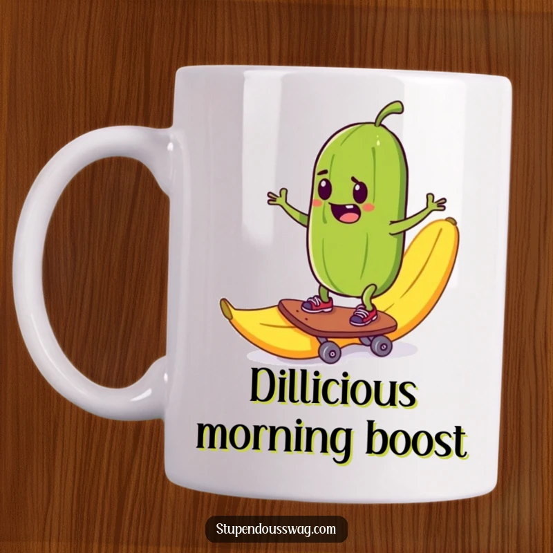 Funny mug with a mischievous pickle trying to skateboard down a slippery banana peel, capturing extreme food humor.