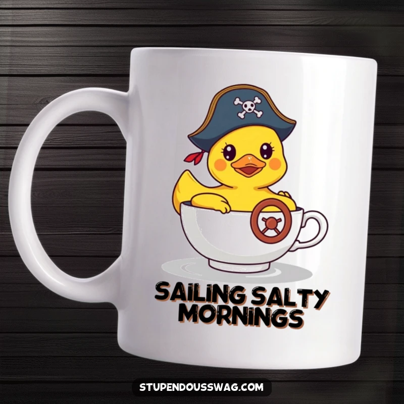 Funny mug showing a rubber duck wearing a pirate hat, steering a teacup like a ship, conveying a comical maritime adventure.