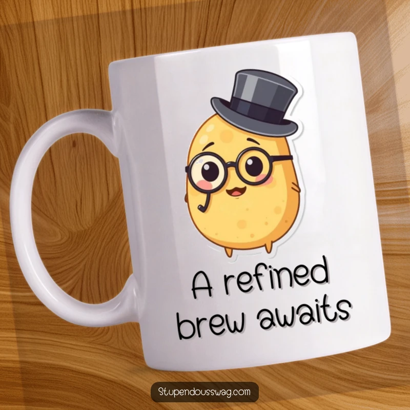 Funny mug showcasing a silly potato wearing a monocle and a tiny top hat, embodying dapper charm and vegetable-based sophistication for a good laugh.