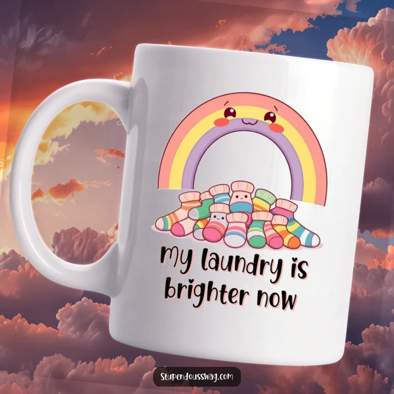 Funny mug with a smiling rainbow arching over a mountain of giggling, colorful socks, bringing laundry day humor to life.