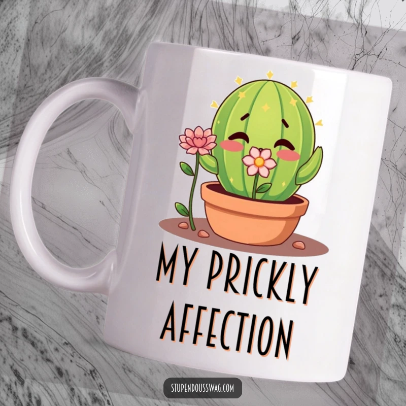 Funny shy cactus mug showing a nervous plant offering a single flower, a cute and humorous drinkware gift.