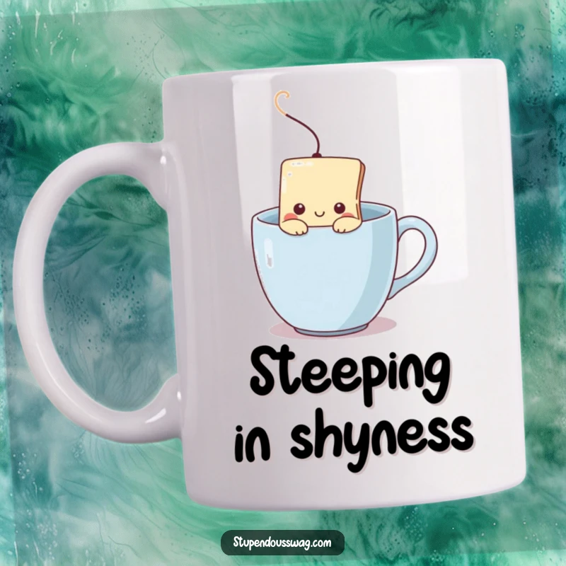 Funny mug with a shy teabag peeking out from a steaming cup, illustrating relatable introversion and the comfort of tea.
