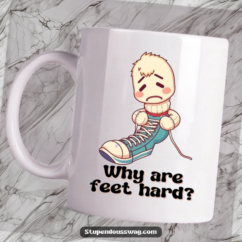Funny mug showing a bewildered sock puppet in a comical struggle to tie its own shoelaces, expressing relatable confusion.