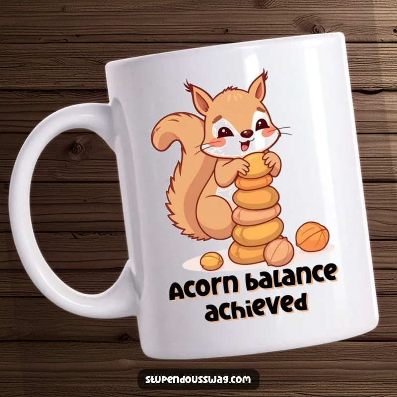 Funny mug depicting a clumsy squirrel precariously balancing a large stack of nuts, capturing a moment of adorable woodland struggle and humorous hoarding.