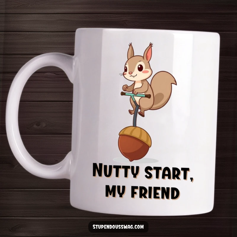 Funny mug showing a mischievous squirrel skillfully balancing on a giant acorn unicycle, capturing a moment of comical acrobatics.