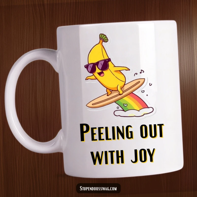 Funny mug of a banana in sunglasses, cooly surfing on a vibrant rainbow, exuding fun and tropical vibes.