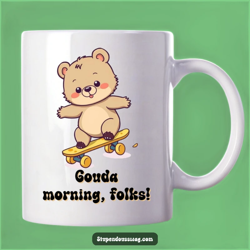 Funny Bear Cub Cheese Skateboard Mug: Clumsy Rider's Hilarious Adventure, Perfect Gift