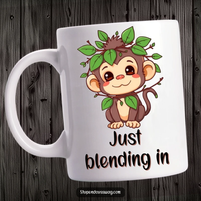 Funny mug with a mischievous monkey character wearing a clever disguise of leaves and twigs, looking sneaky.
