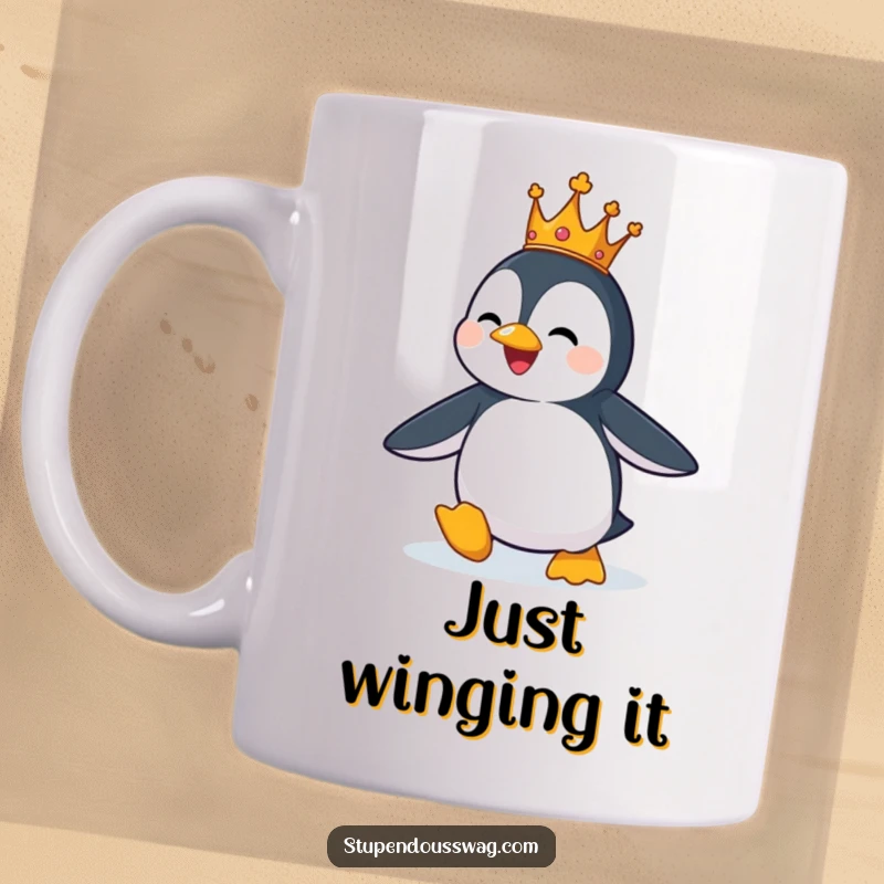 Funny mug of a penguin wearing a small crown, comically flapping its wings, attempting to fly upwards.