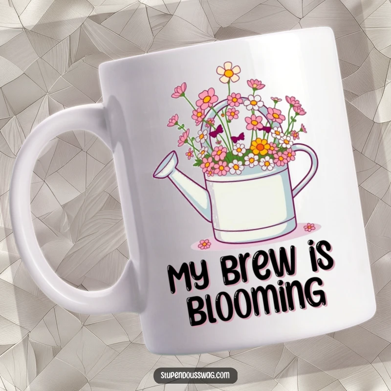 Funny mug depicting a giggling watering can joyfully spilling an abundance of tiny, colorful flowers, radiating happiness.