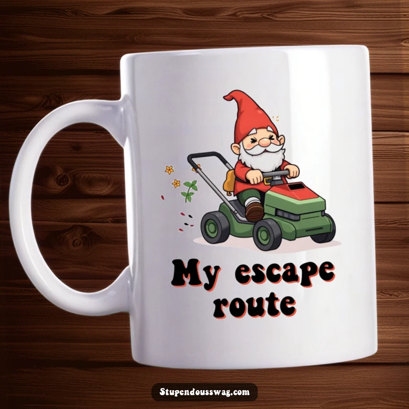 Funny Mug: A garden gnome looking confused while riding a runaway lawnmower, symbolizing chaotic gardening fun.