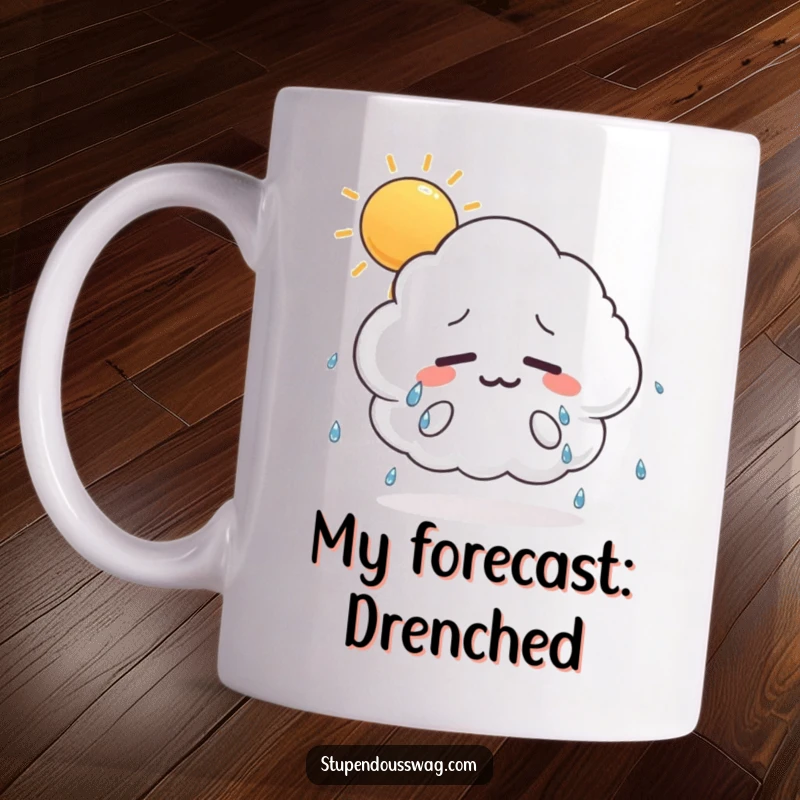 Funny mug featuring a nervous, sweating cloud looking overwhelmed on a bright, sunny day, depicting relatable anxiety and humor.