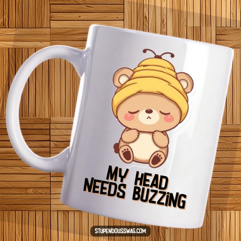 Funny mug with a sleepy bear character comically trying to put a beehive on its head, looking dazed.