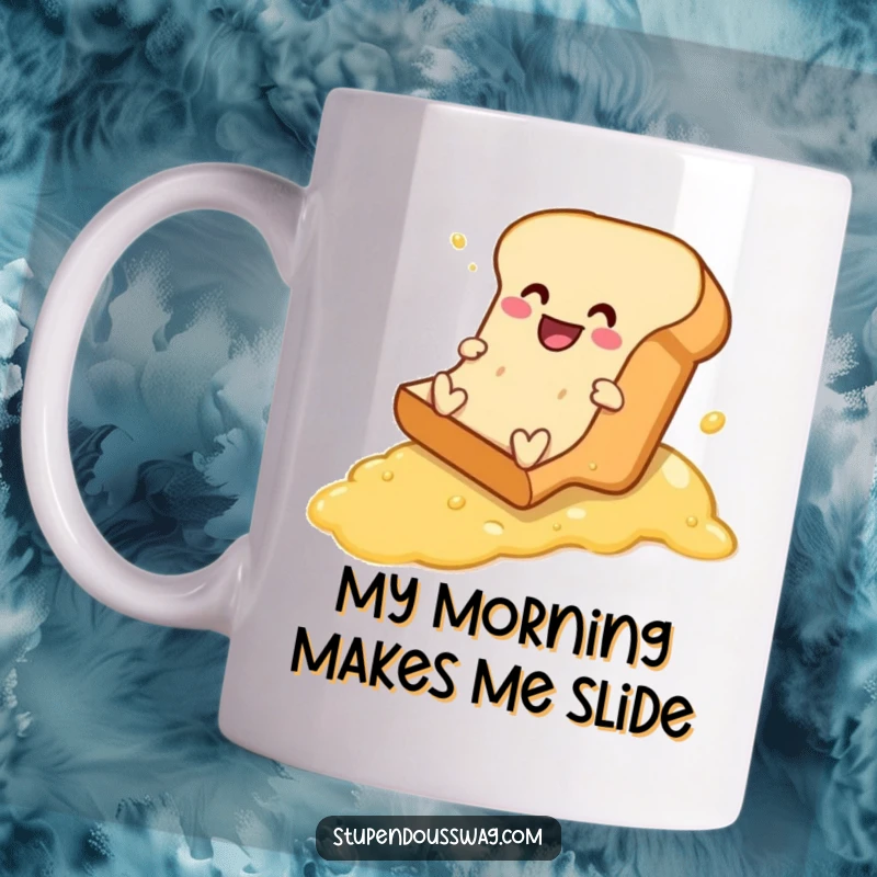 Funny mug showcasing a joyful bread loaf comically sliding down an impossibly slick buttered slope, bringing smiles.