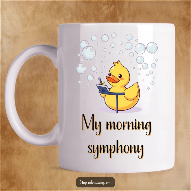 Funny rubber duck character humorously conducting an orchestra of floating bubbles on a delightful mug.