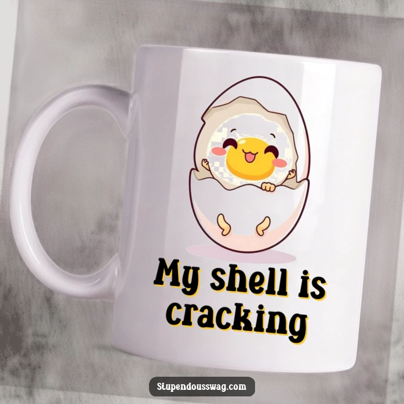 Funny mug showing a startled egg cracking open to reveal tiny, energetic dancing legs inside.