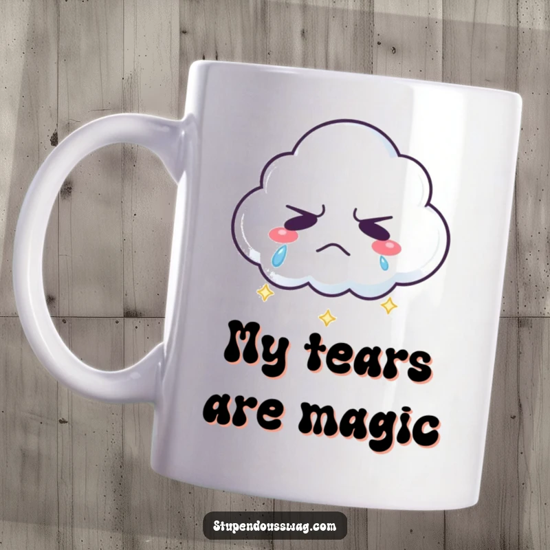 Funny grumpy cloud mug with sparkling rainbow tears, a humorous and colorful drinkware gift for a cheerful mood.