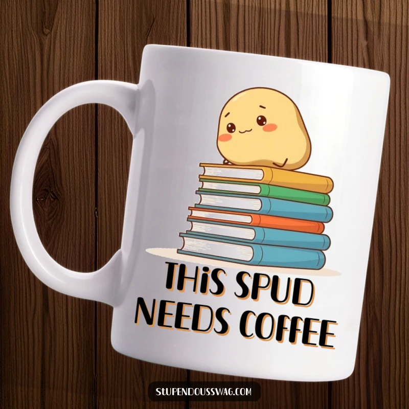 Funny mug with a determined potato heroically climbing a tall stack of books, symbolizing the pursuit of knowledge and humor.