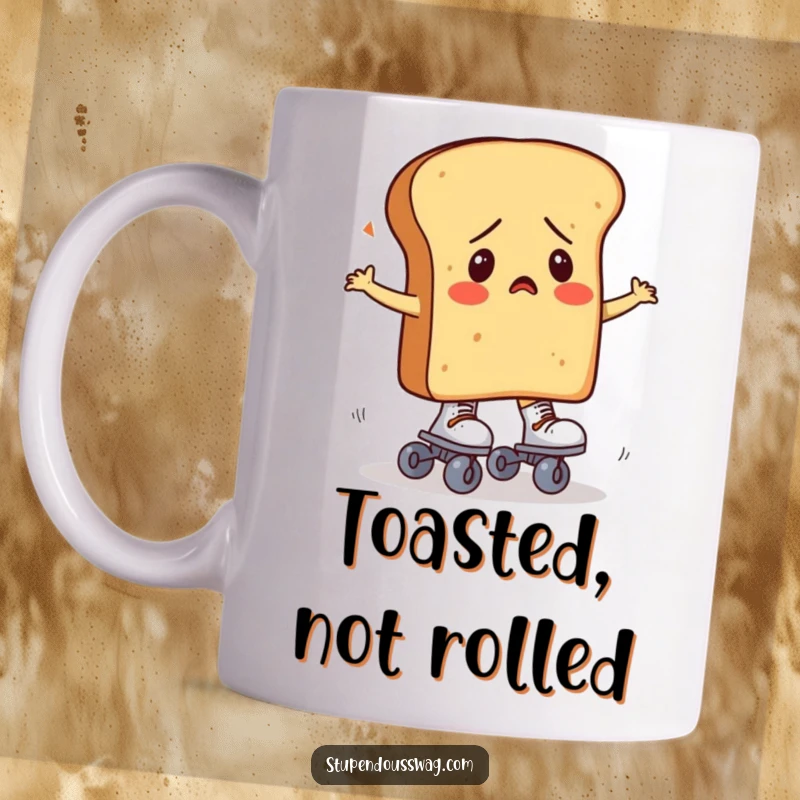 Funny, confused loaf of bread comically attempting to put on roller skates on this amusing mug.
