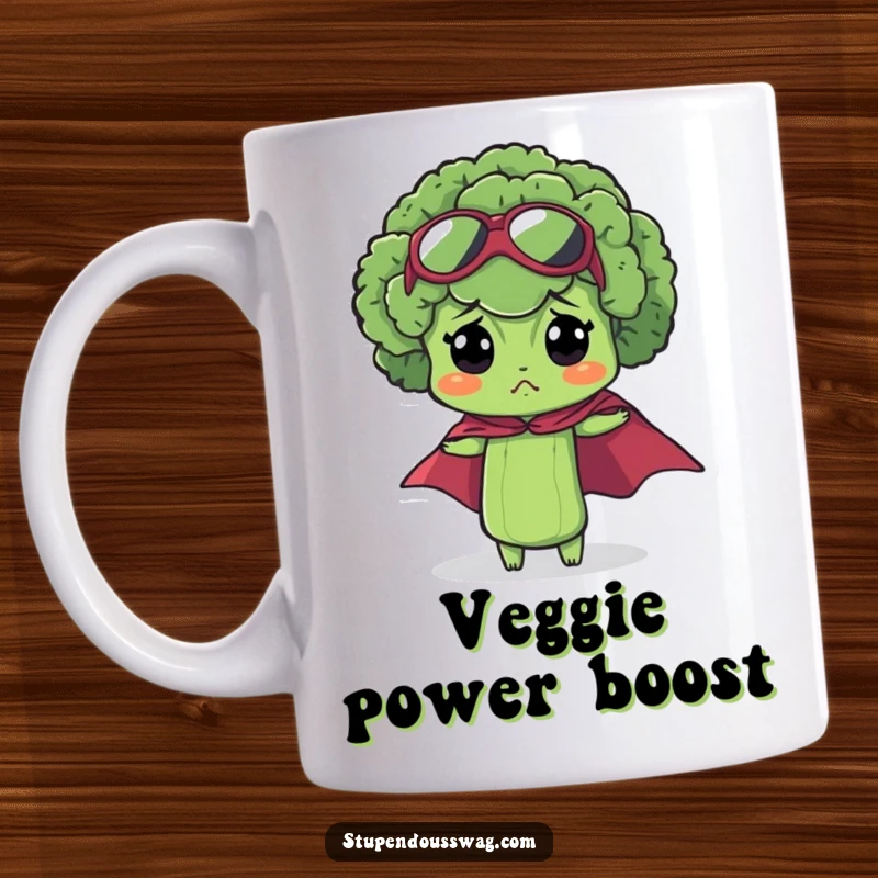 Funny bewildered broccoli floret mug wearing a miniature superhero cape, looking adorably confused.
