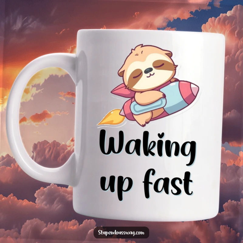 Funny mug of a sleepy sloth wearing a jetpack, accidentally zooming upwards with a surprised expression.