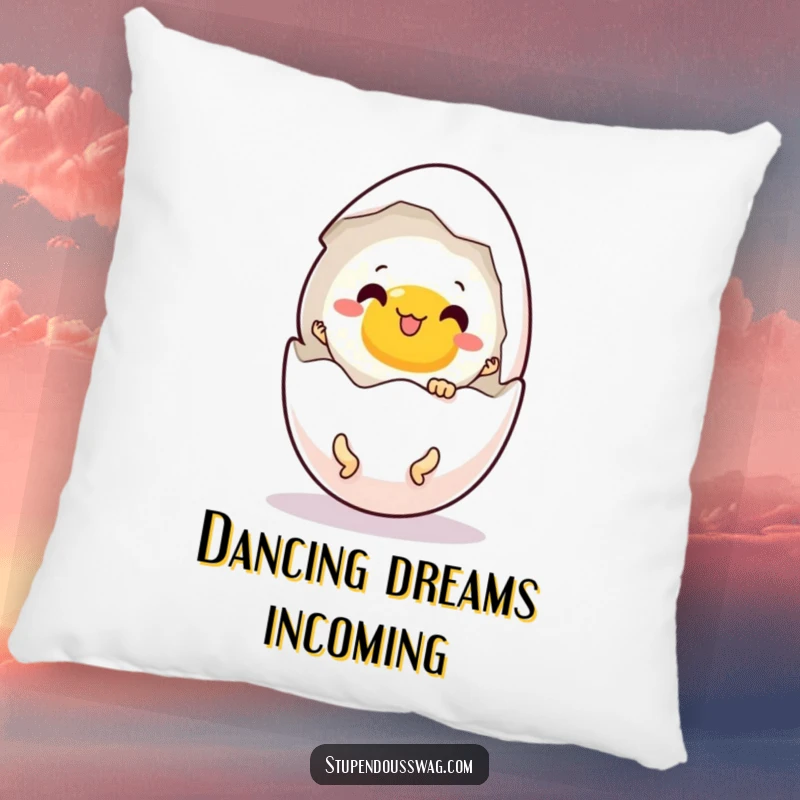 Funny pillow design of a startled egg revealing tiny dancing legs, perfect for adding quirky comfort.