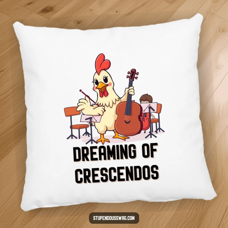 Funny pillow showcasing a rubber chicken attempting to conduct an orchestra, offering plush comfort and a dose of absurd humor.