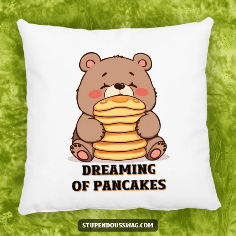 A soft pillow featuring a clumsy bear trying to balance pancakes on its nose, designed for comfort and a humorous touch.