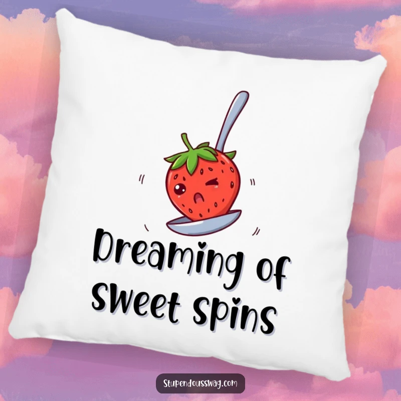 Funny pillow showing a bewildered strawberry spinning rapidly on an upside-down spoon, perfect for adding comfort and a humorous touch.