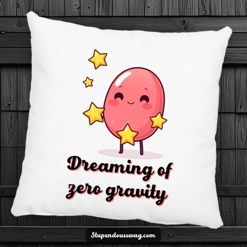 Funny pillow featuring a wobbly jelly bean juggling miniature bouncing stars, providing soft comfort and cosmic fun.