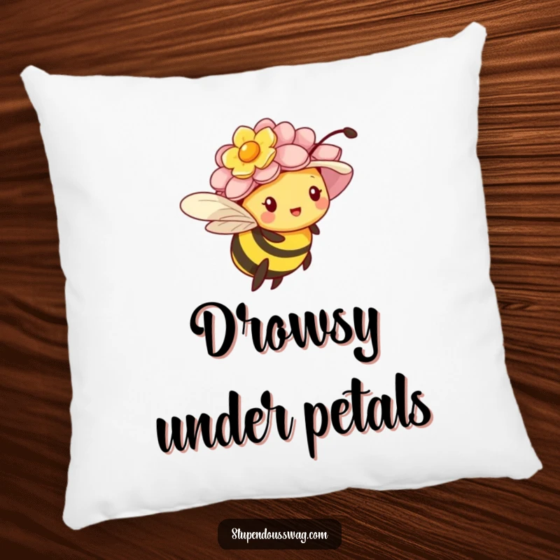 Funny pillow design of a tiny bee struggling to fly under an oversized flower hat, perfect for quirky comfort.